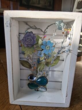 Handcrafted Blue & Purple Floral Shadow Box Wall Jewelry Art Handmade